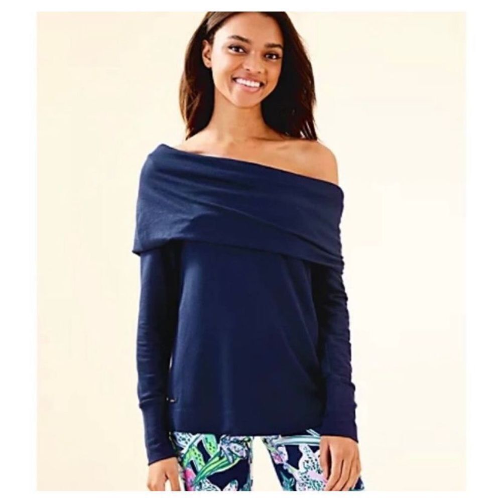 Lilly Pulitzer Belinda Pullover Sweater Long Sleeve Off Shoulder Top True Navy X